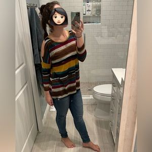 Colorful Striped Cold Shoulder Three-Quarter Length Sleeve Shoulder Cut Out Top